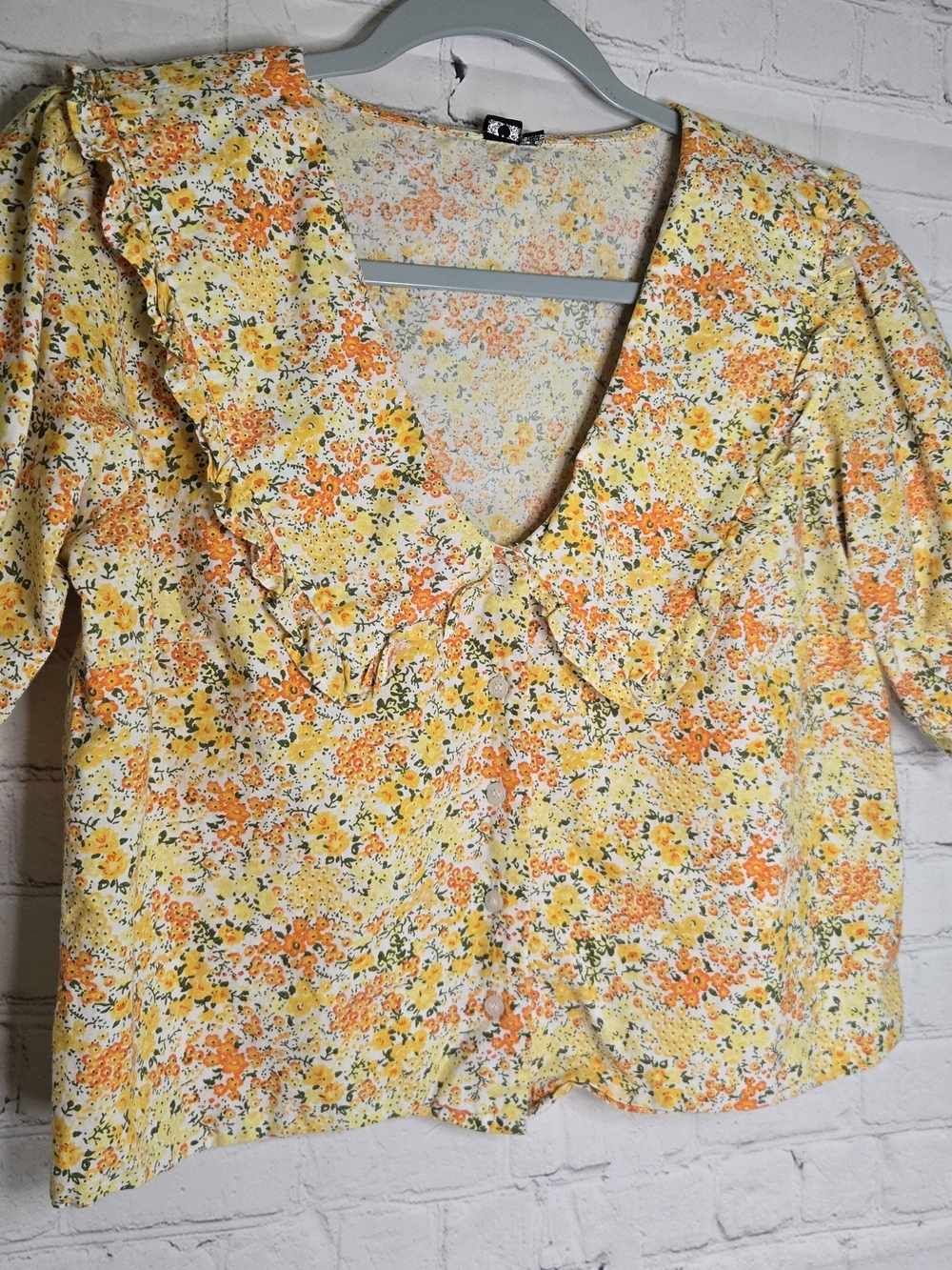 Influence Dramtic Collar Micro Floral Crop Blouse Romantic  Cottagecore Boho M